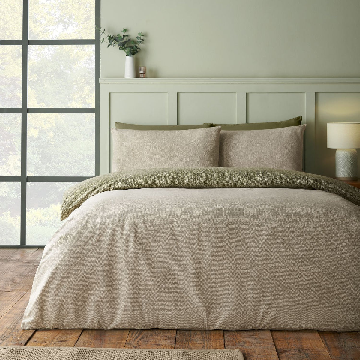 Catherine Lansfield Reversible Herringbone Green Brushed Cotton Duvet Set
