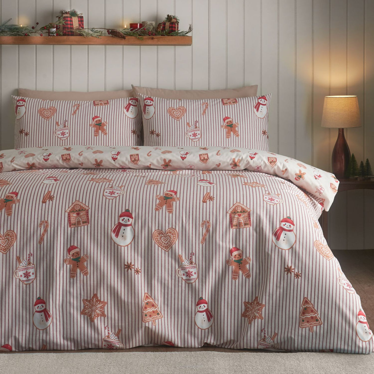 Catherine Lansfield Christmas Gingerbread Stripe Duvet Set