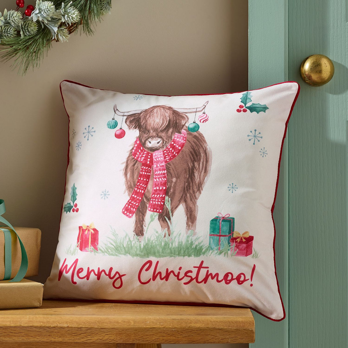 Catherine Lansfield Merry Christmoo Highland Cow Soft Touch Cushion
