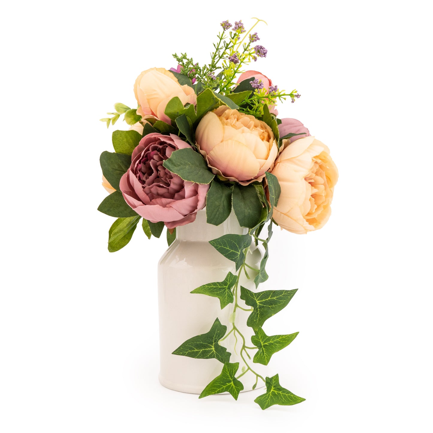 Faux Peonies And Green Ferns In White Vase