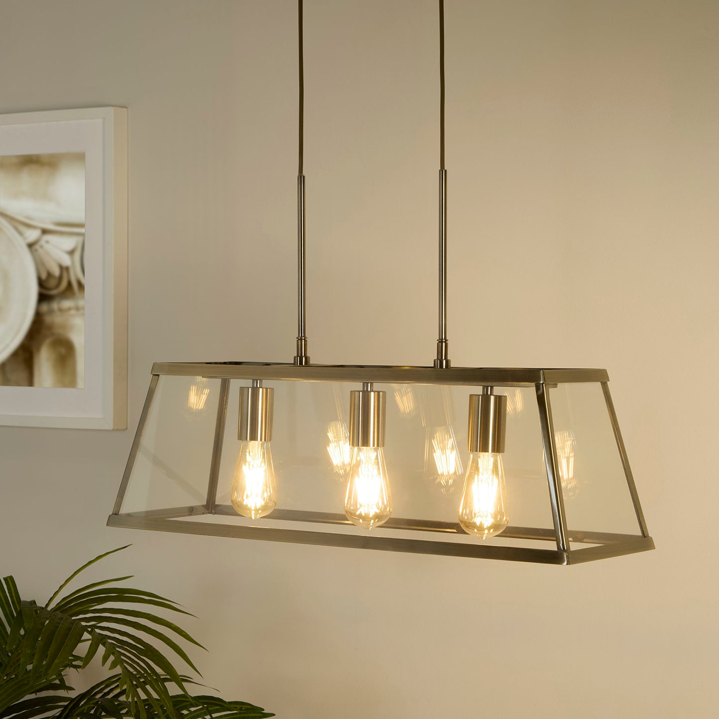 Harbour 3 Light Antique Brass Lantern Bar Pendant Ceiling Light