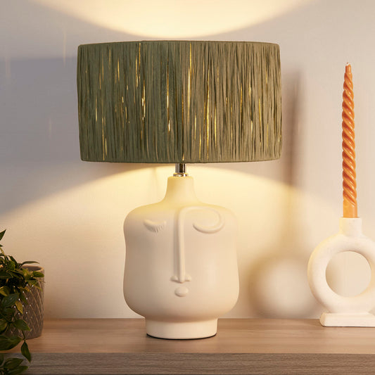 Whisper Face Ceramic Table Lamp with Green Raffia Shade