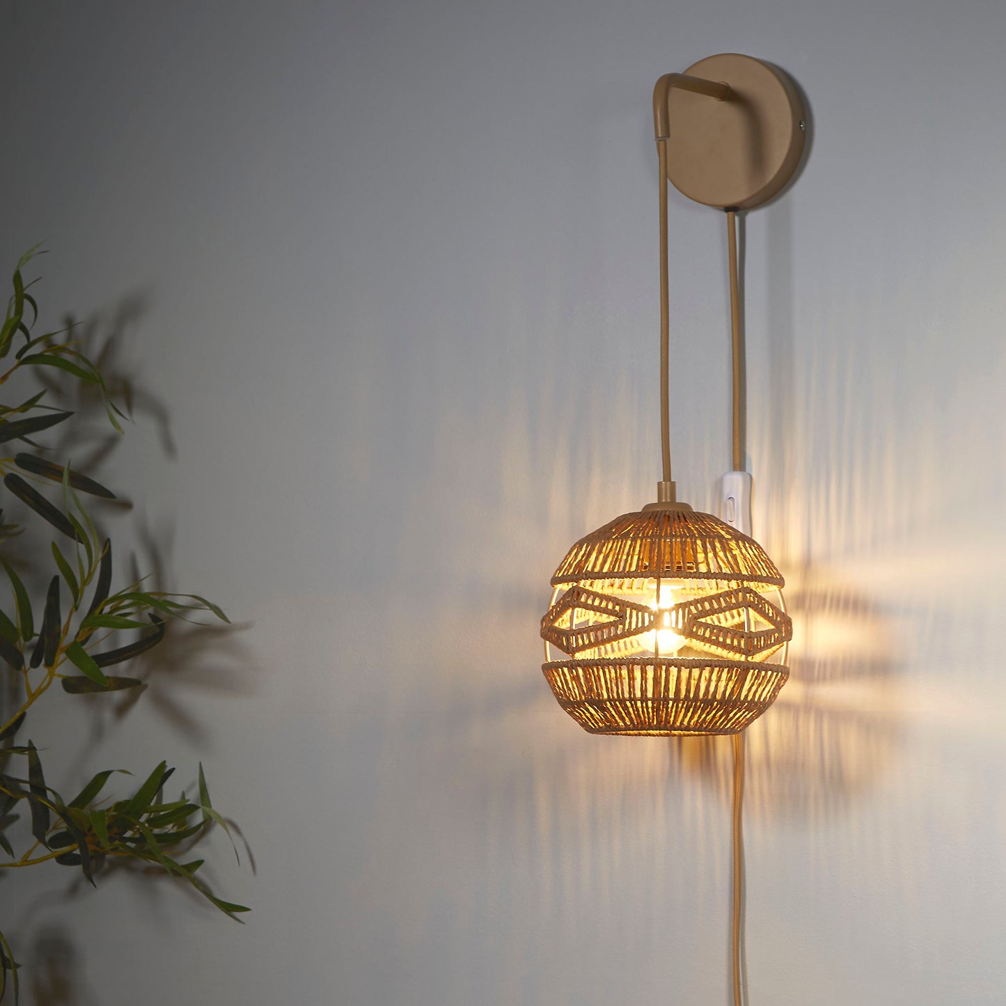 Boho Woven Rattan Shade Plug-In Wall Light