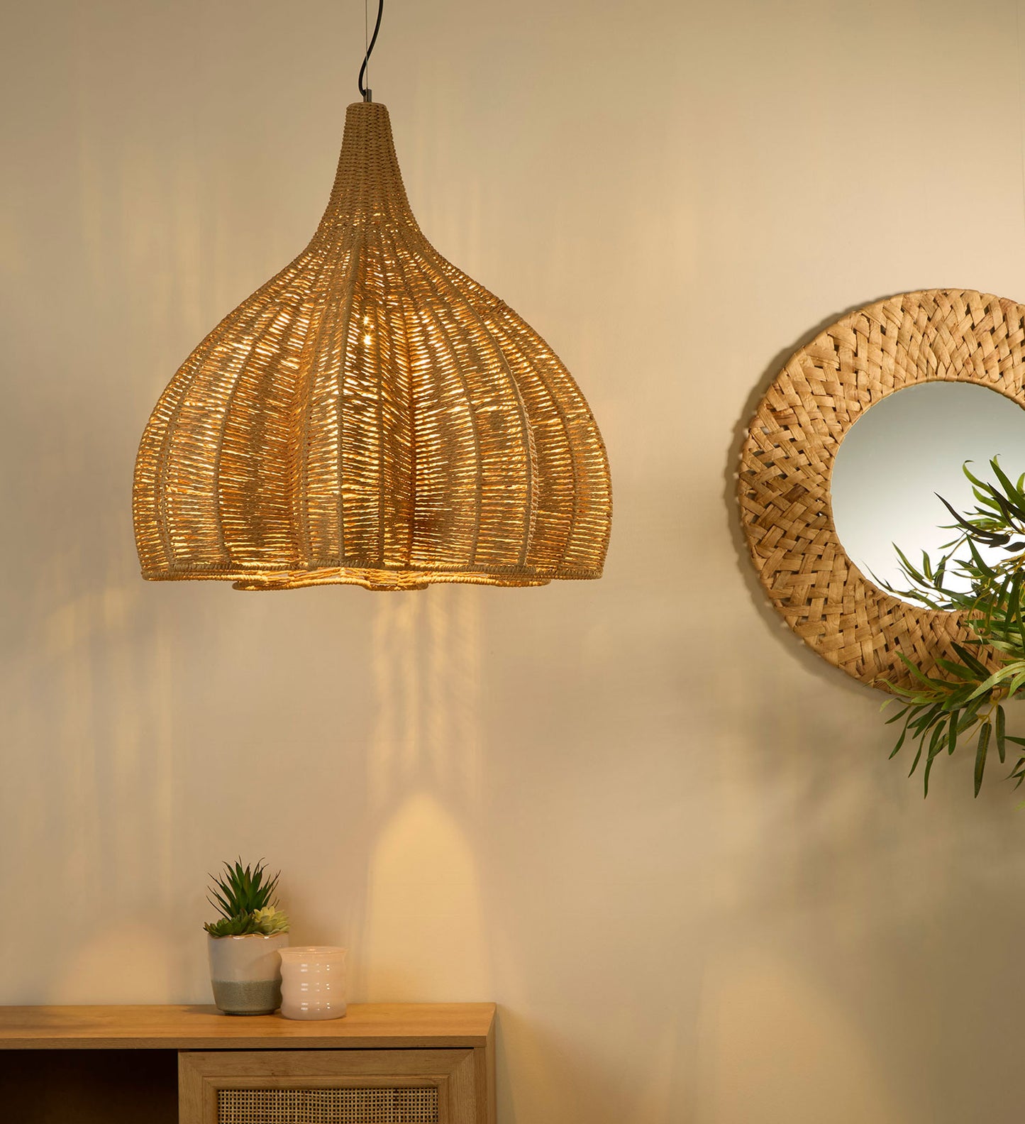 Harvest Scallop Woven Rattan Shade Pendant Light