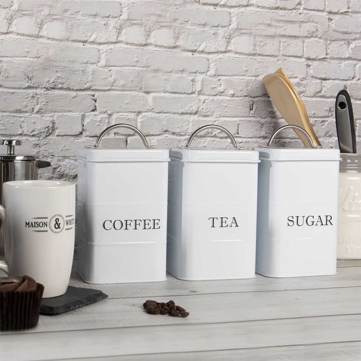 Stainless Steel Tea, Coffee & Sugar Canisters White