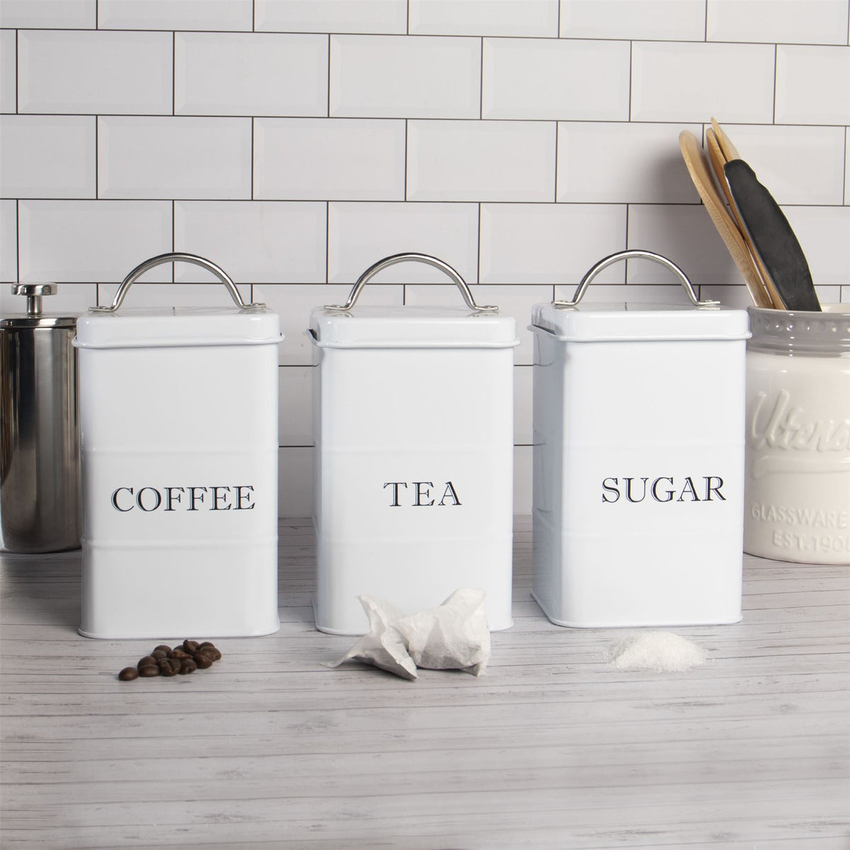 Stainless Steel Tea, Coffee & Sugar Canisters White