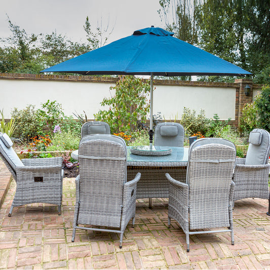 Flamingo Rattan Grey 6 Seat Reclining Dining Set with Large Oval Table and Parasol