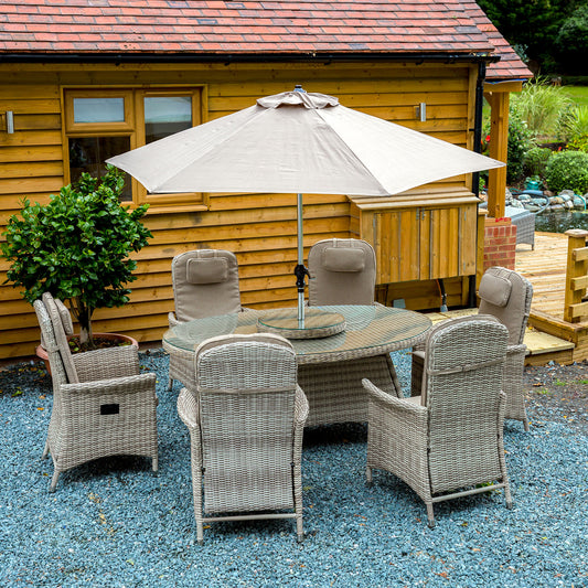 Flamingo Rattan Natural 6 Seat Reclining Dining Set with Large Oval Table and Parasol
