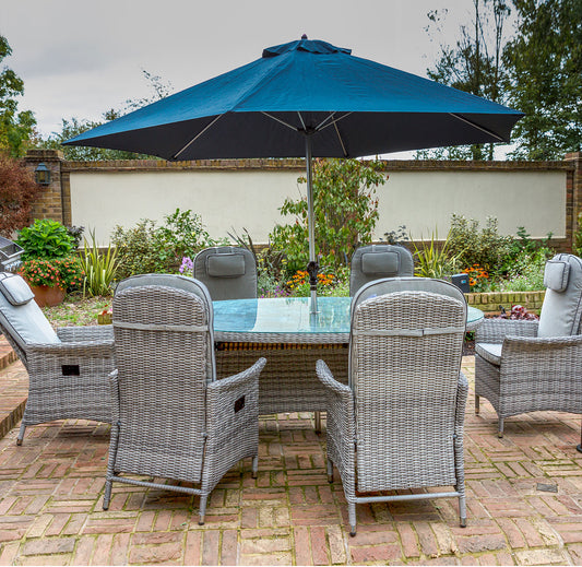 Flamingo Rattan Grey 6 Seat Reclining Dining Set with Oval Table and Parasol