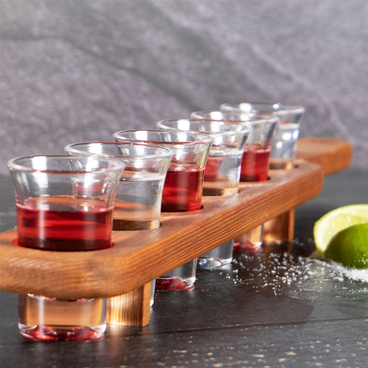 Wooden Drinks Paddle with 6 Shot Glasses