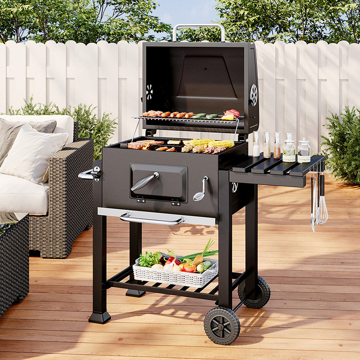 Black Charcoal BBQ Grill with Portable Trolley