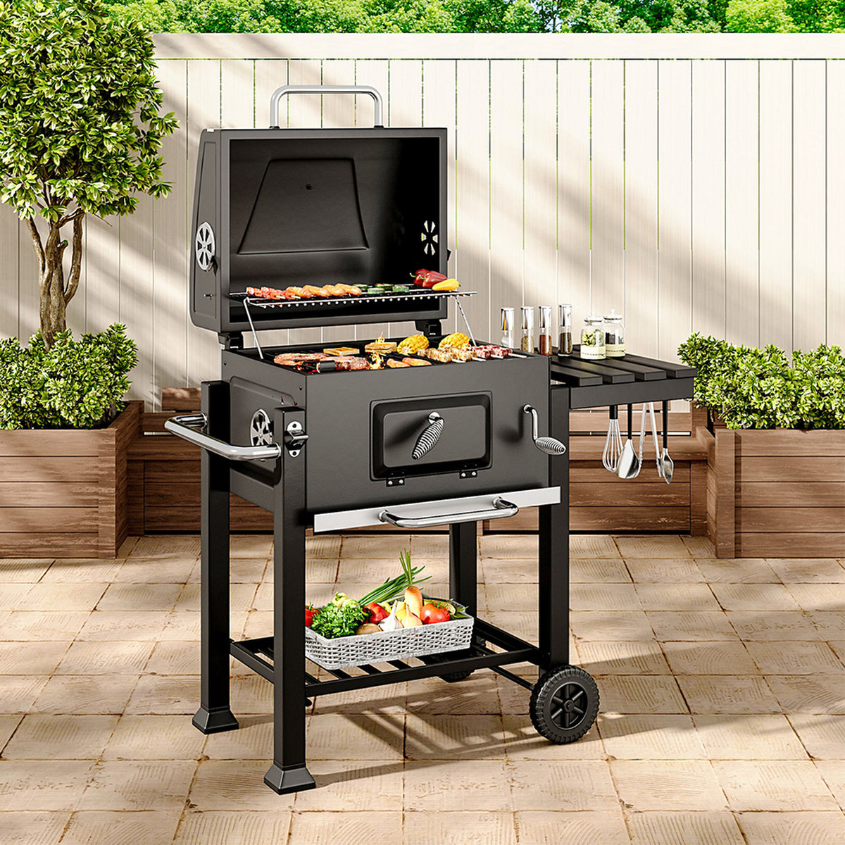 Black Charcoal BBQ Grill with Portable Trolley