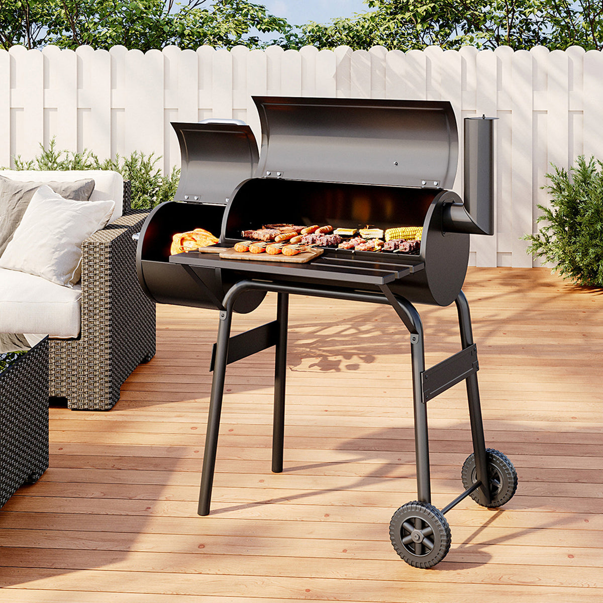 Black Charcoal 2 In 1 BBQ Barrel Grill with Smoker