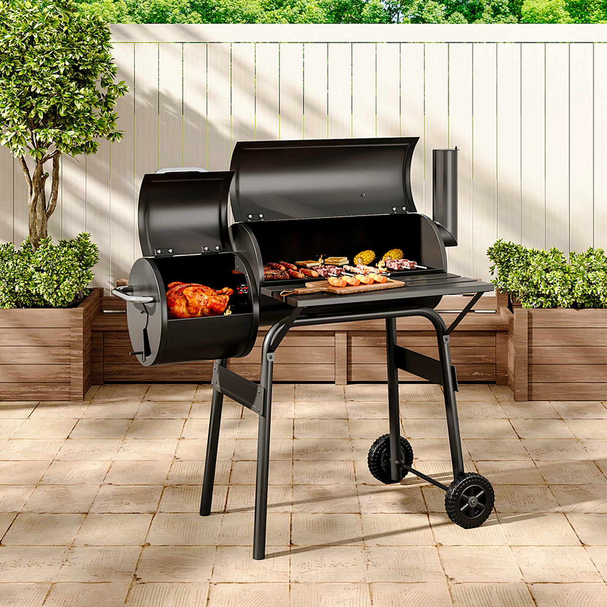 Black Charcoal 2 In 1 BBQ Barrel Grill with Smoker