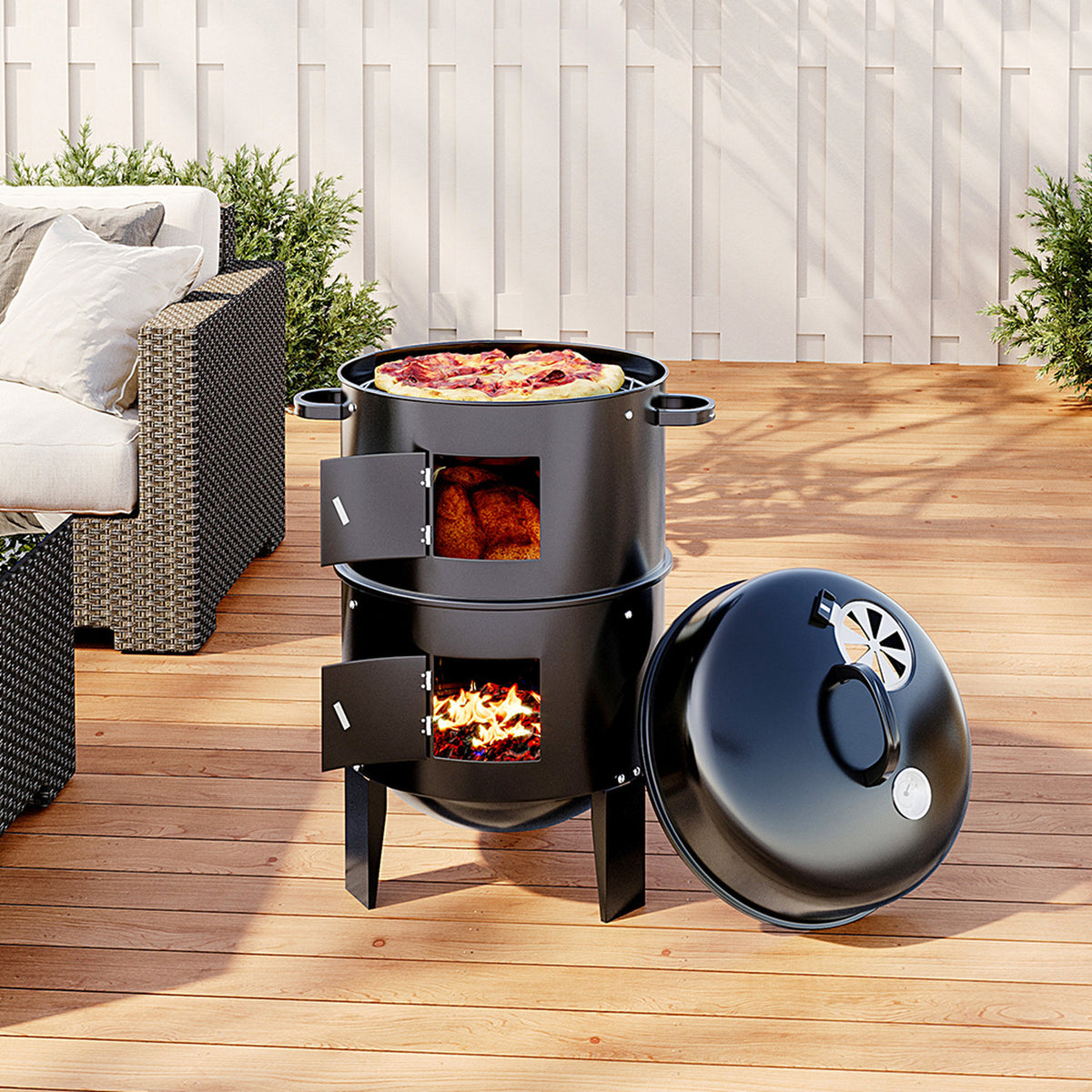 3 in 1 Portable Charcoal Smoker Grill with Thermometer