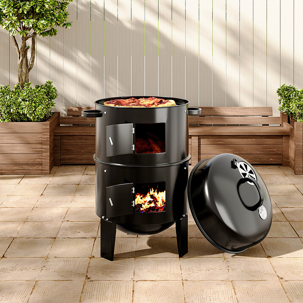 3 in 1 Portable Charcoal Smoker Grill with Thermometer