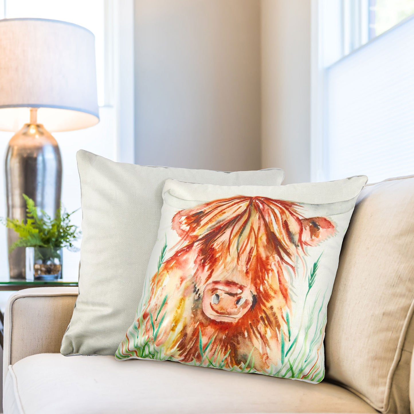 Watercolour Highland Cow Velvet Cushion Cover Pair