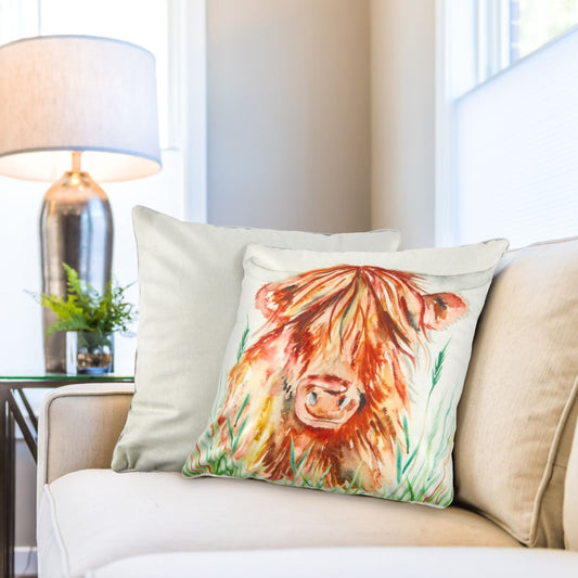 Highland Cow Watercolour Velvet Printed Cushion (43cm x 43cm)