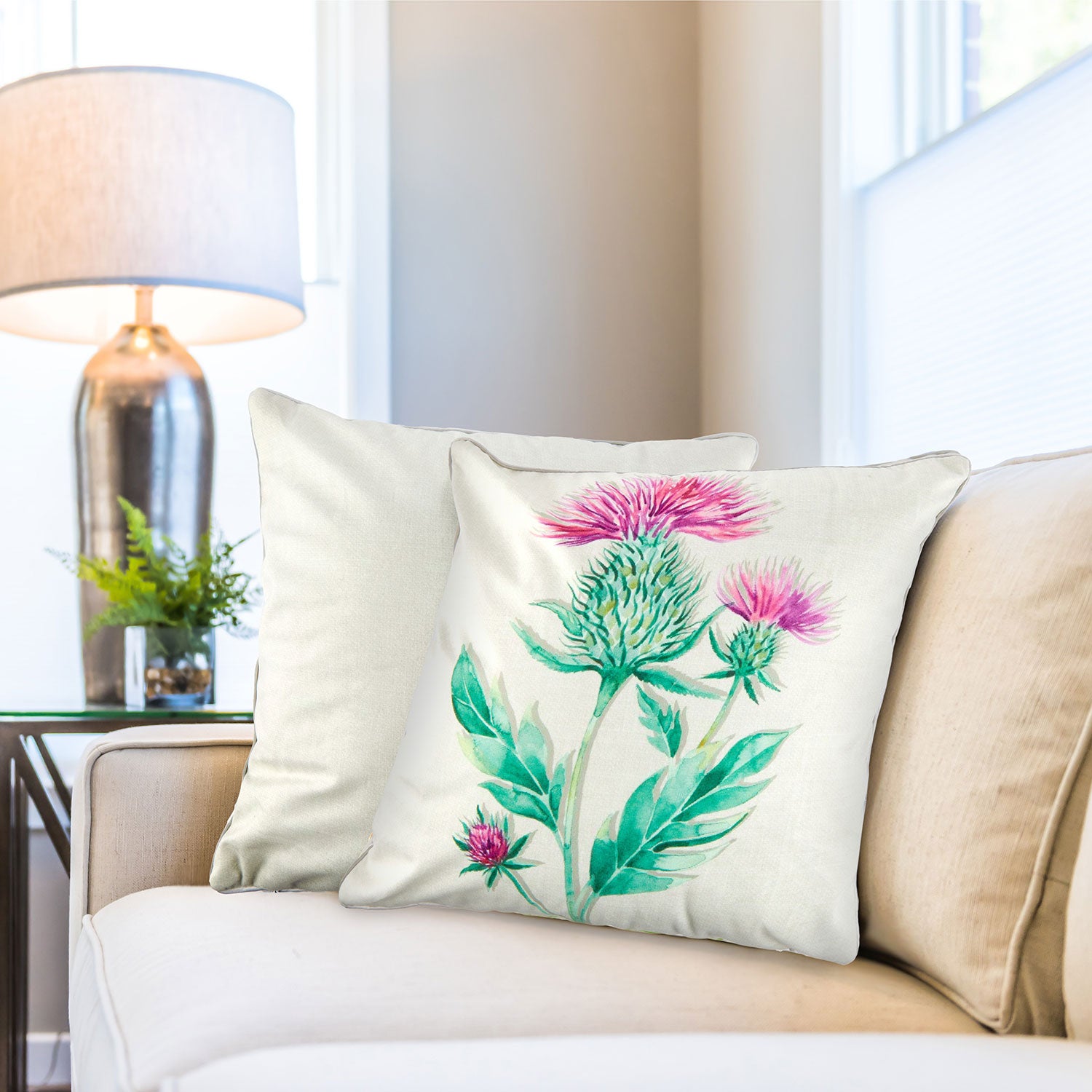 Watercolour Thistle Velvet Cushion Cover Pair – Julian Charles Home