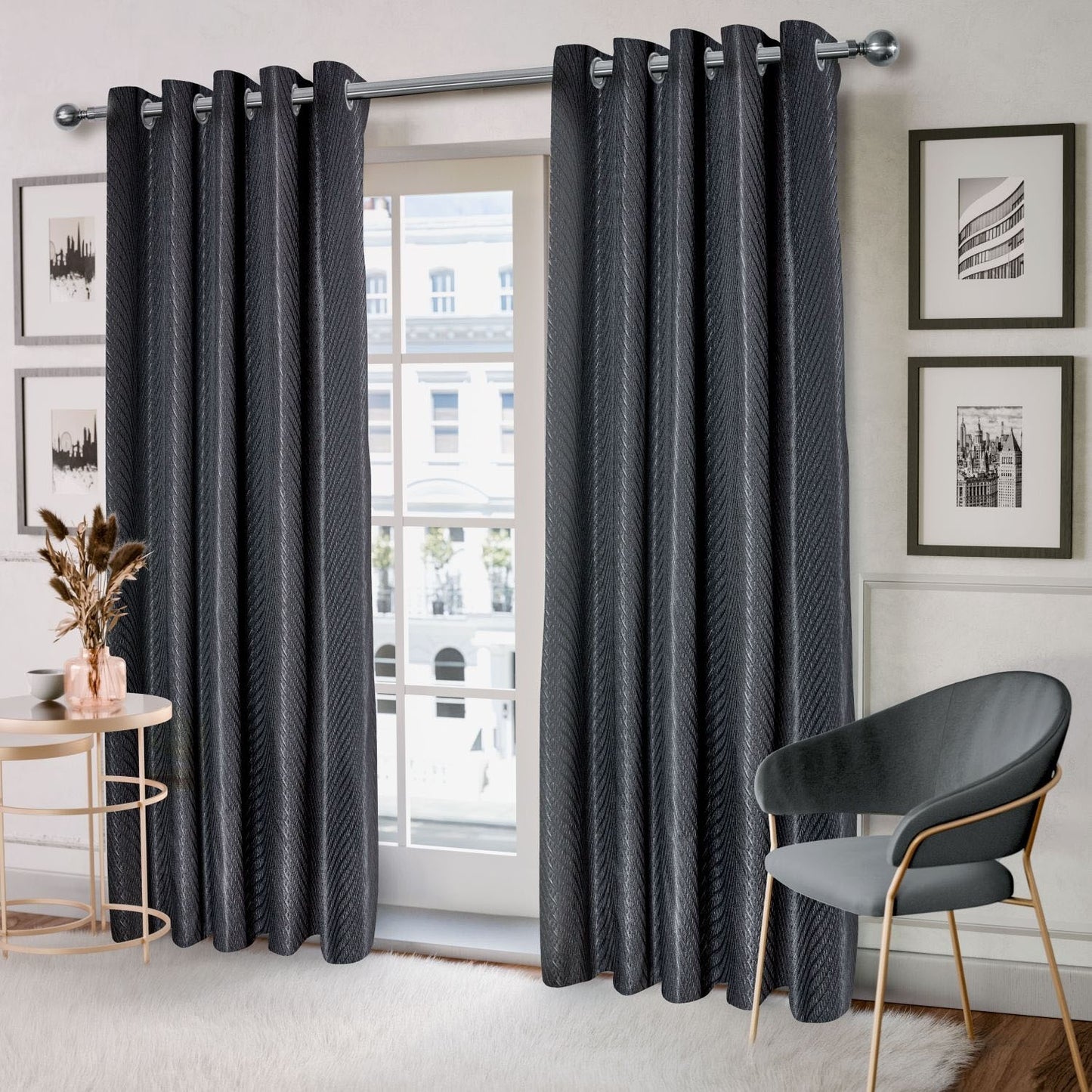 Aura Black Jacquard Eyelet Curtains