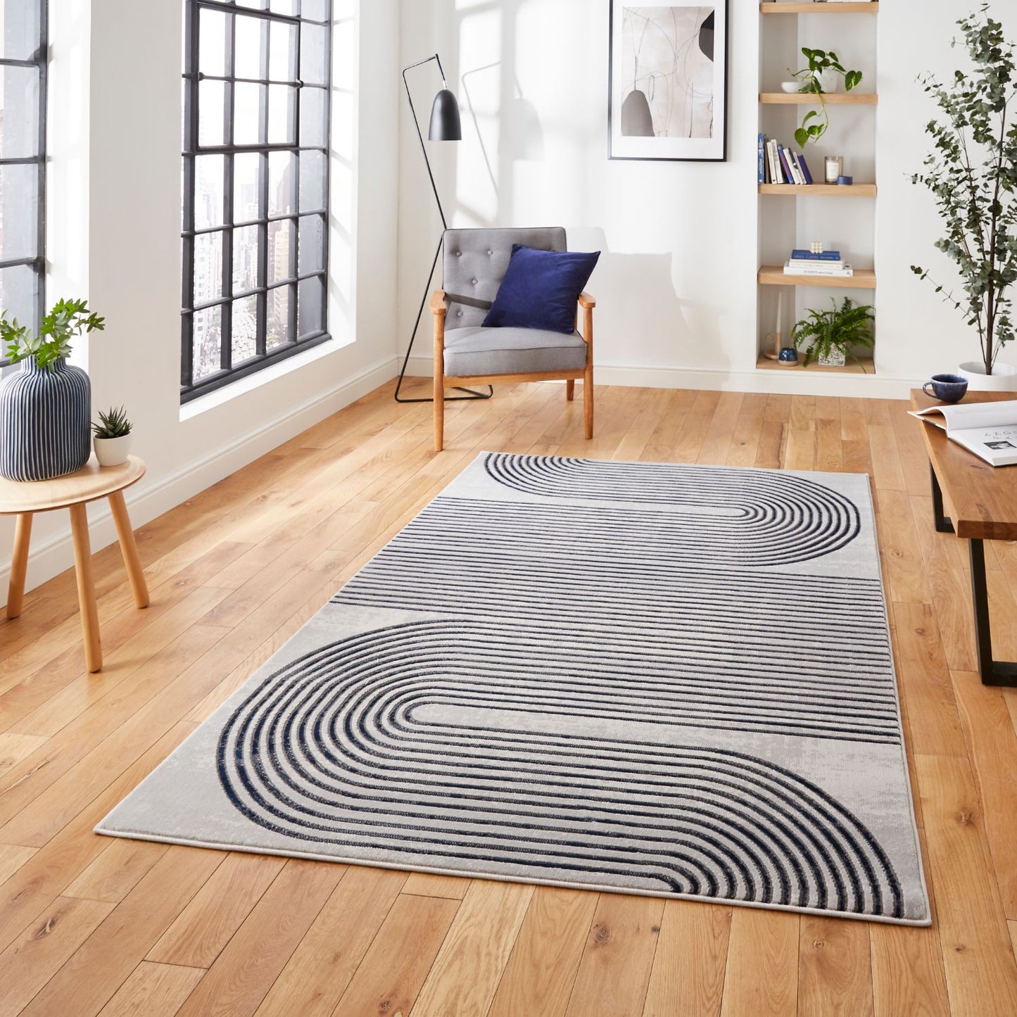 Apollo 2683 Grey and Navy Modern Linear Rug