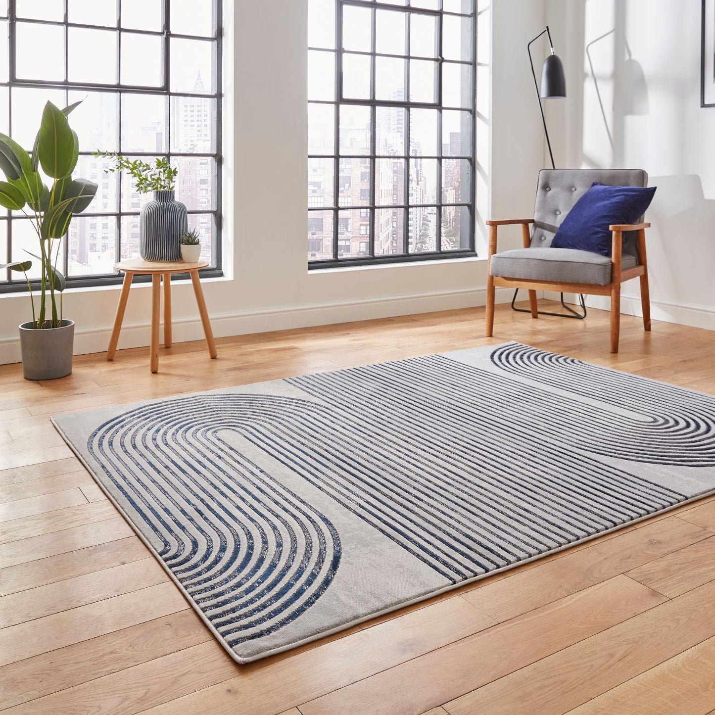 Apollo 2683 Grey and Navy Modern Linear Rug