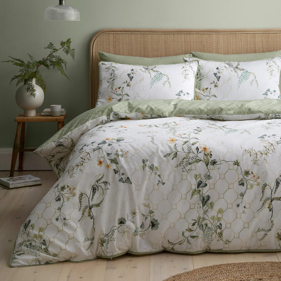 Floral Trellis Green 100% Cotton Sateen Duvet Set