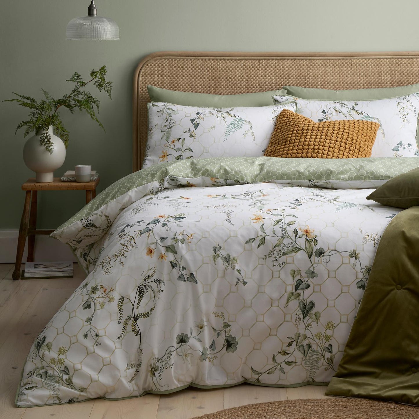 Floral Trellis Green 100% Cotton Sateen Duvet Set