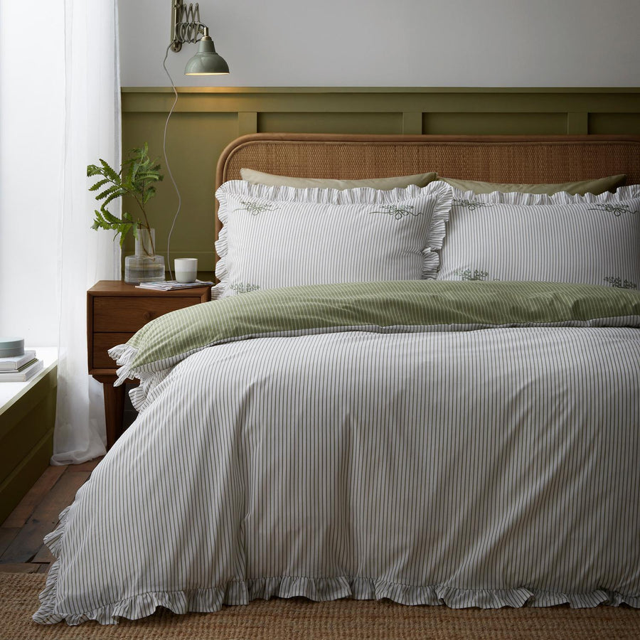 Frill Embroidered Bow Stripe Reversible Green Cotton Duvet Set