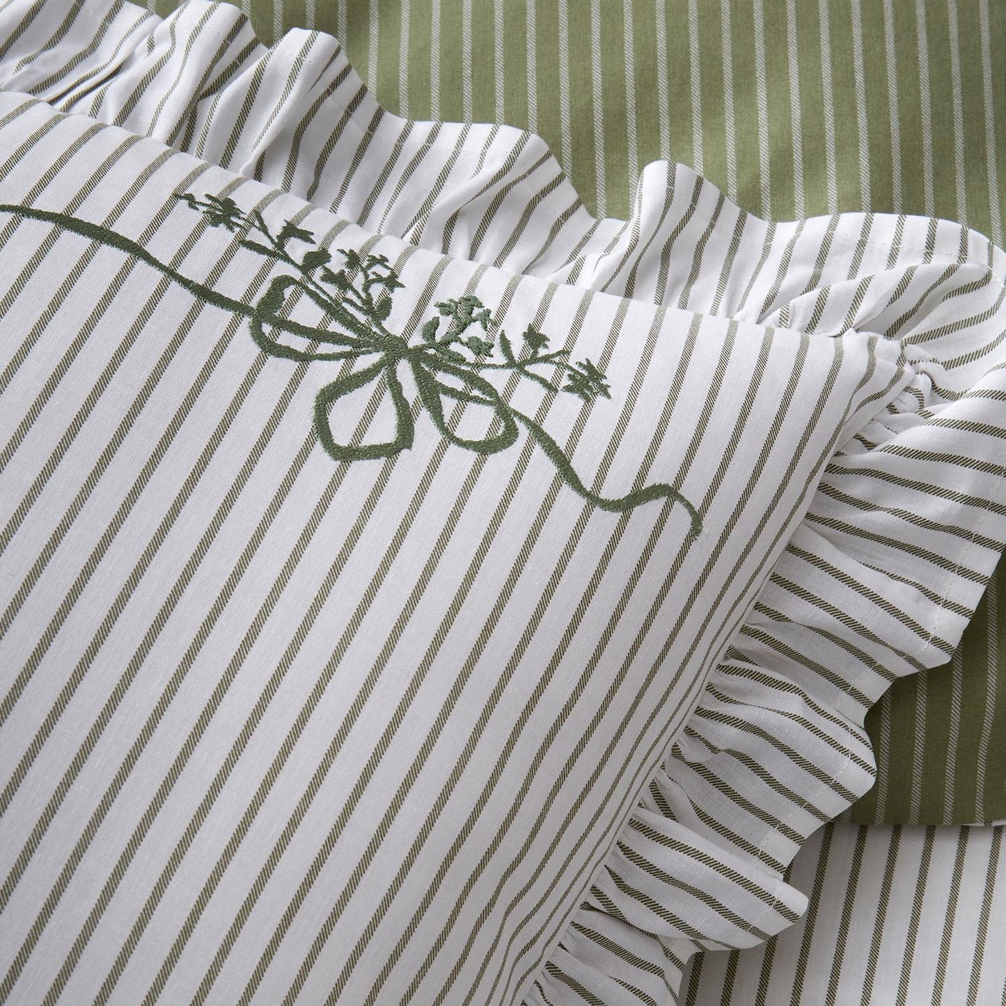 Frill Embroidered Bow Stripe Reversible Green Cotton Duvet Set