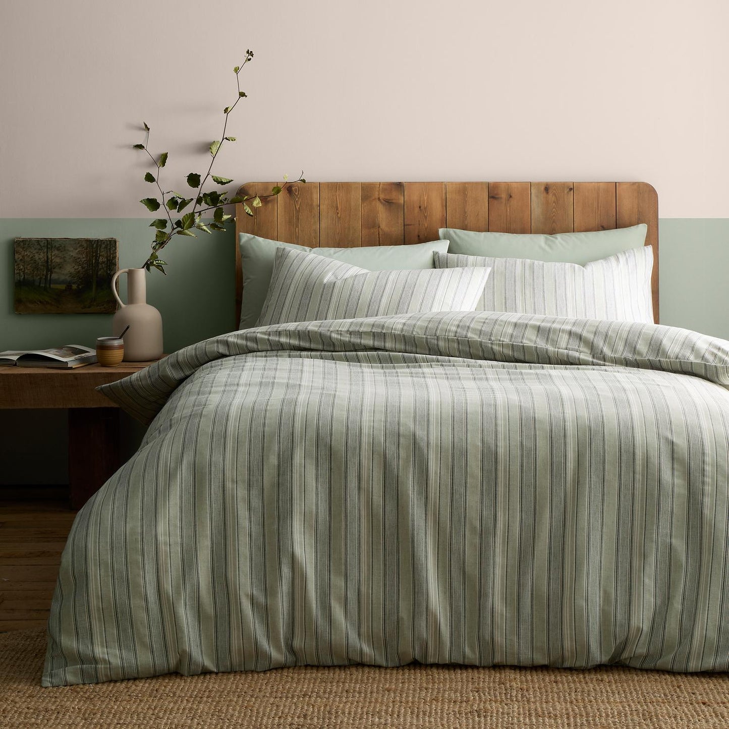Yarn Dyed Wide Stripe Green Woven 100% Cotton Duvet Set