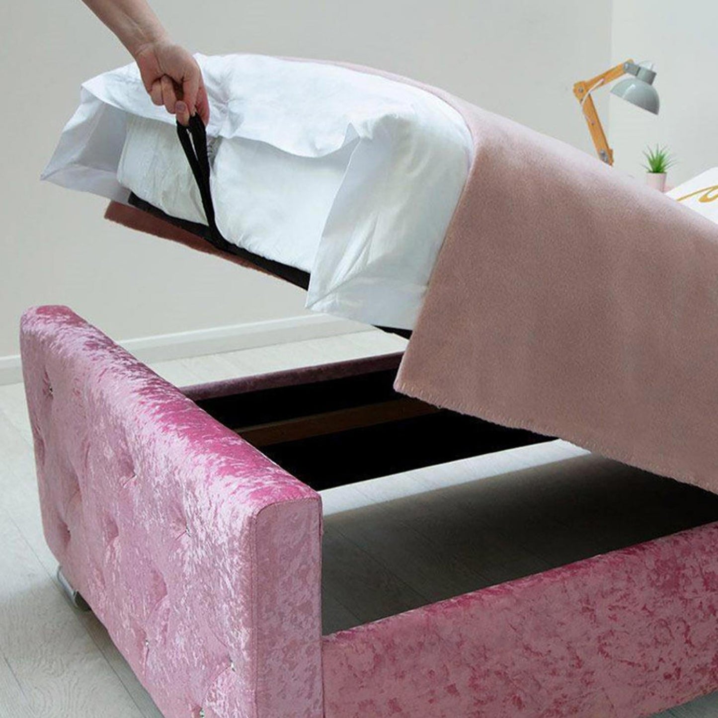 Beaumont Pink Velvet Storage Fabric Bed