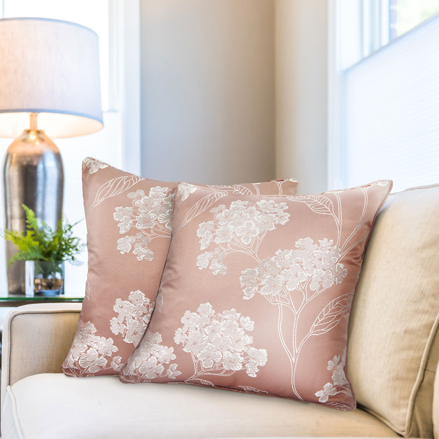 Blossom Blush Pink Jacquard Cushion Covers Pair (43cm x 43cm)