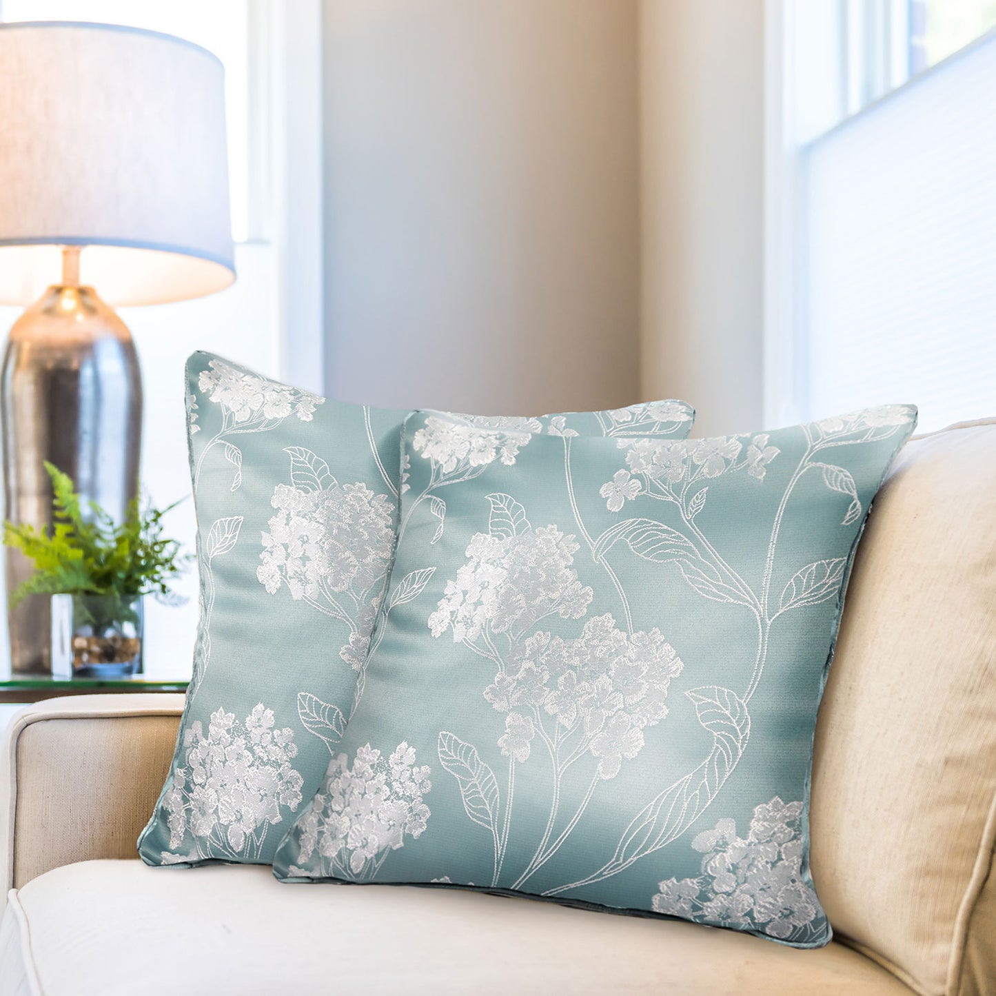 Blossom Duck Egg Blue Jacquard Cushion Covers Pair (43cm x 43cm)