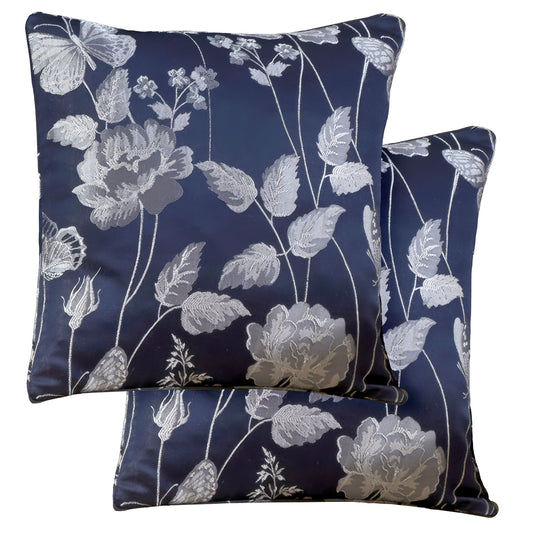 Butterfly Meadow Navy Jacquard Cushion Covers Pair (43cm x 43cm)