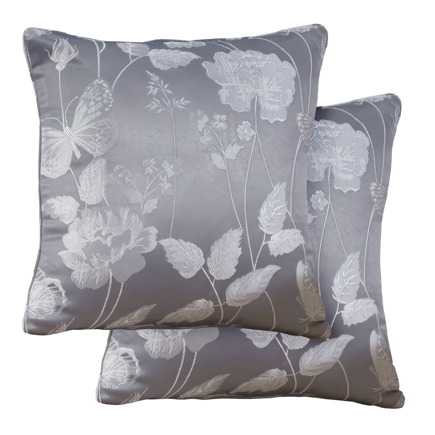 Butterfly Meadow Silver Jacquard Cushion Covers Pair (43cm x 43cm)