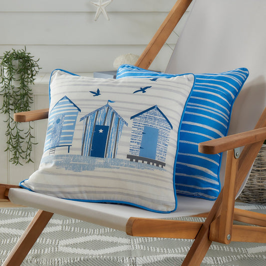Beach Huts Blue Outdoor Cushion (43cm x 43cm)