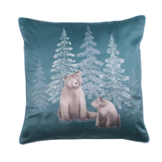 Bear Walks Teal Velvet Cushion (43cm x 43cm)