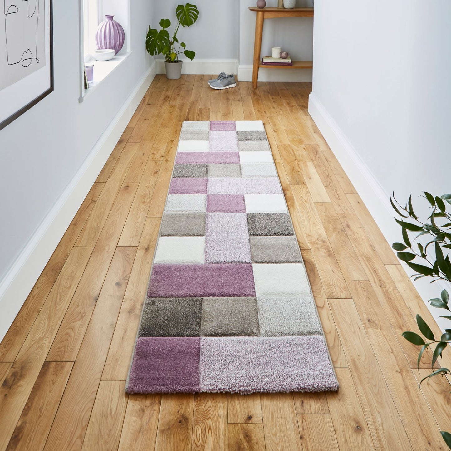 Brooklyn 646 Beige and Purple Modern Geometric Runner Rug