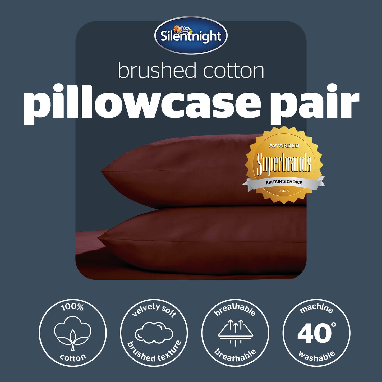 Silentnight Brushed Cotton Burgundy Pillowcase Pair