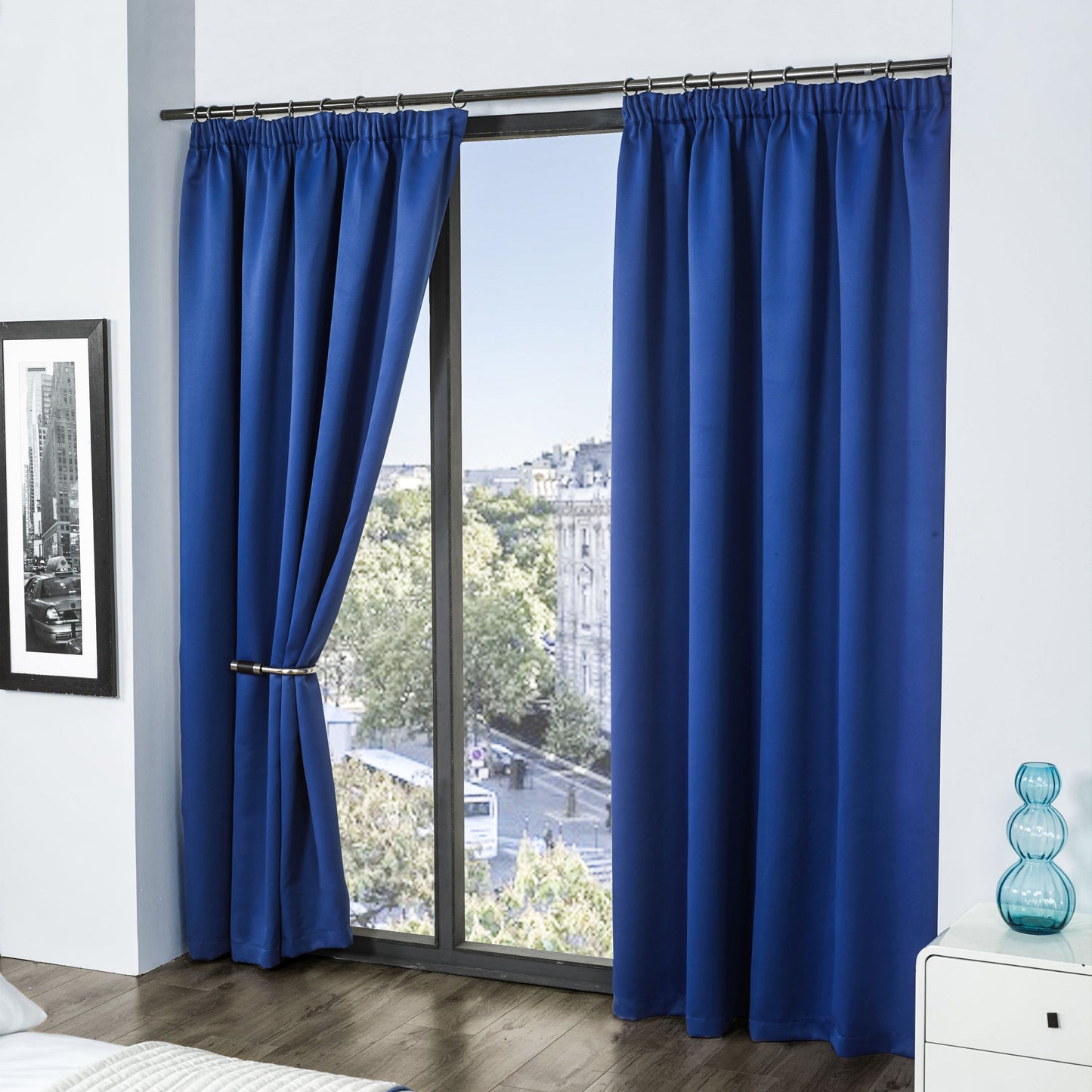 Cali Blue Thermal Blackout Pencil Pleat Curtains