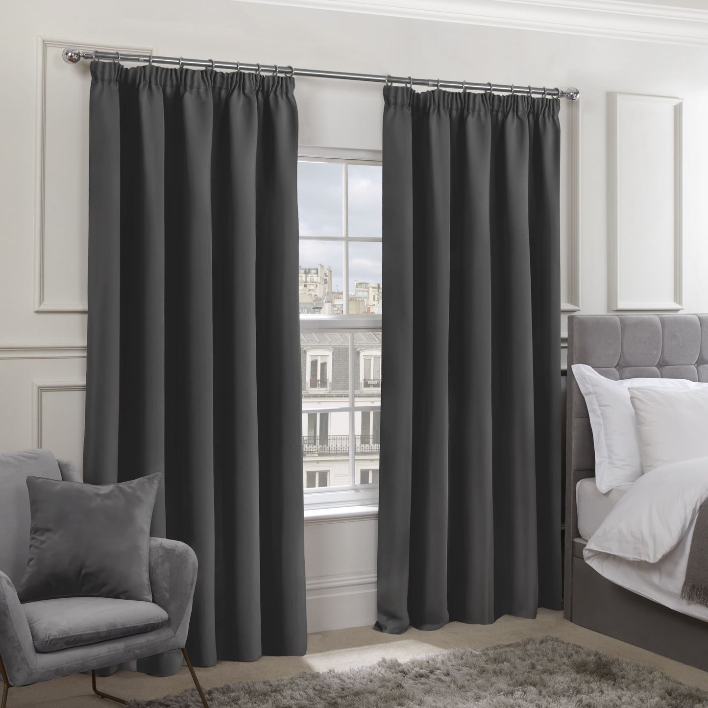 Cali Charcoal Grey Thermal Blackout Pencil Pleat Curtains