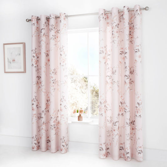 Catherine Lansfield Canterbury Blush Floral Lined Eyelet Curtains