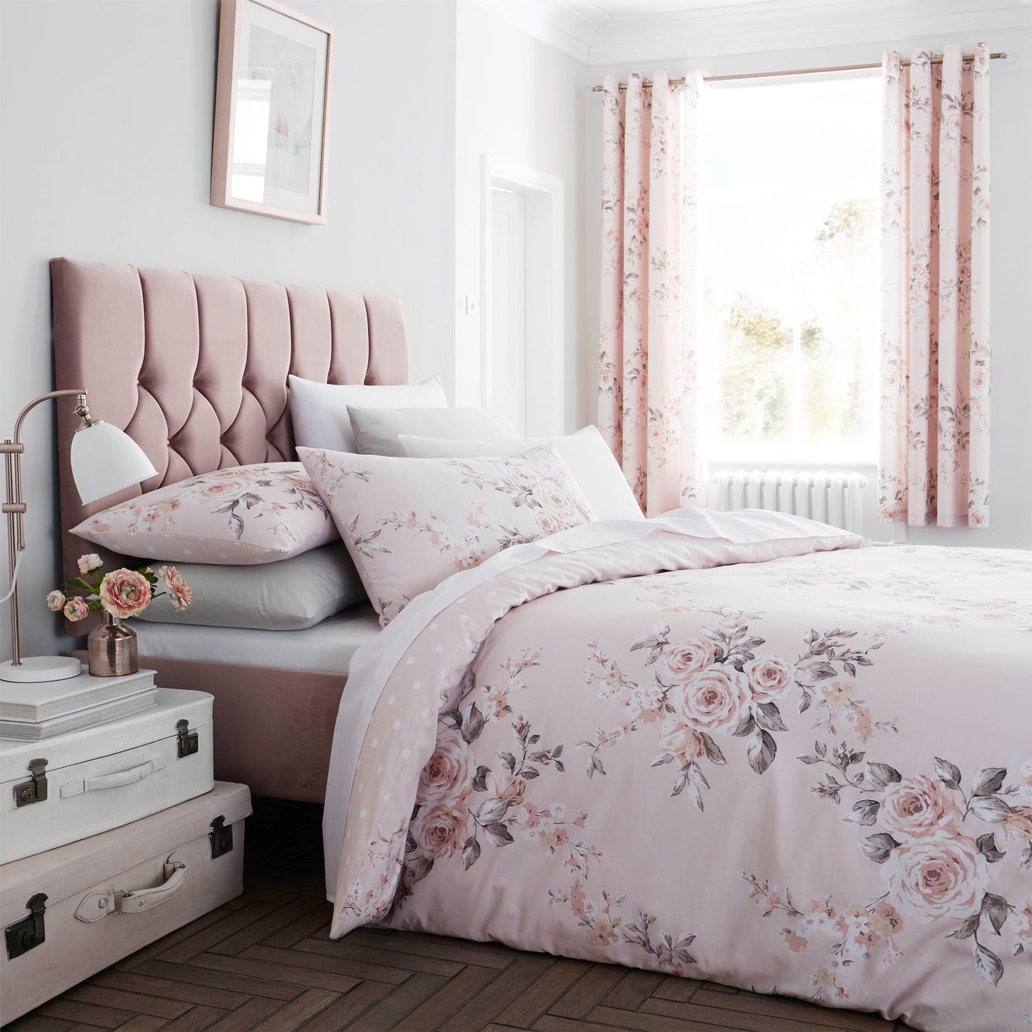 Catherine Lansfield Canterbury Blush Floral Lined Eyelet Curtains