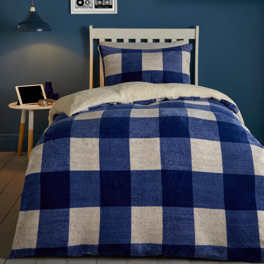 Theo Check Blue Cosy Plush Fleece Duvet Set