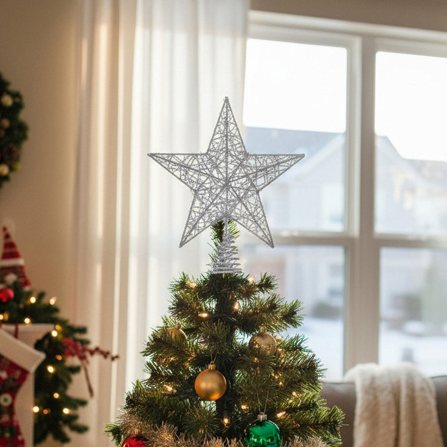 Silver Sequin Star Tree Topper with LED Light 20cm