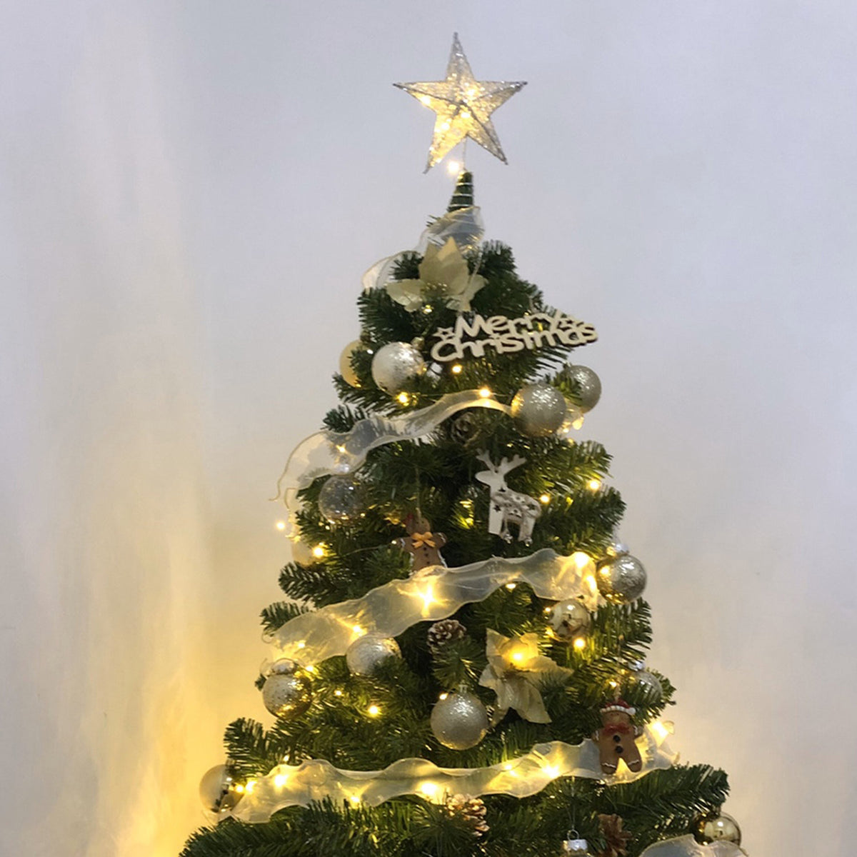 Silver Sequin Star Tree Topper with LED Light 20cm