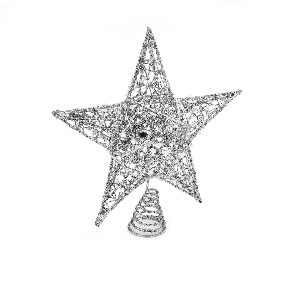 Silver Sequin Star Tree Topper with LED Light 20cm