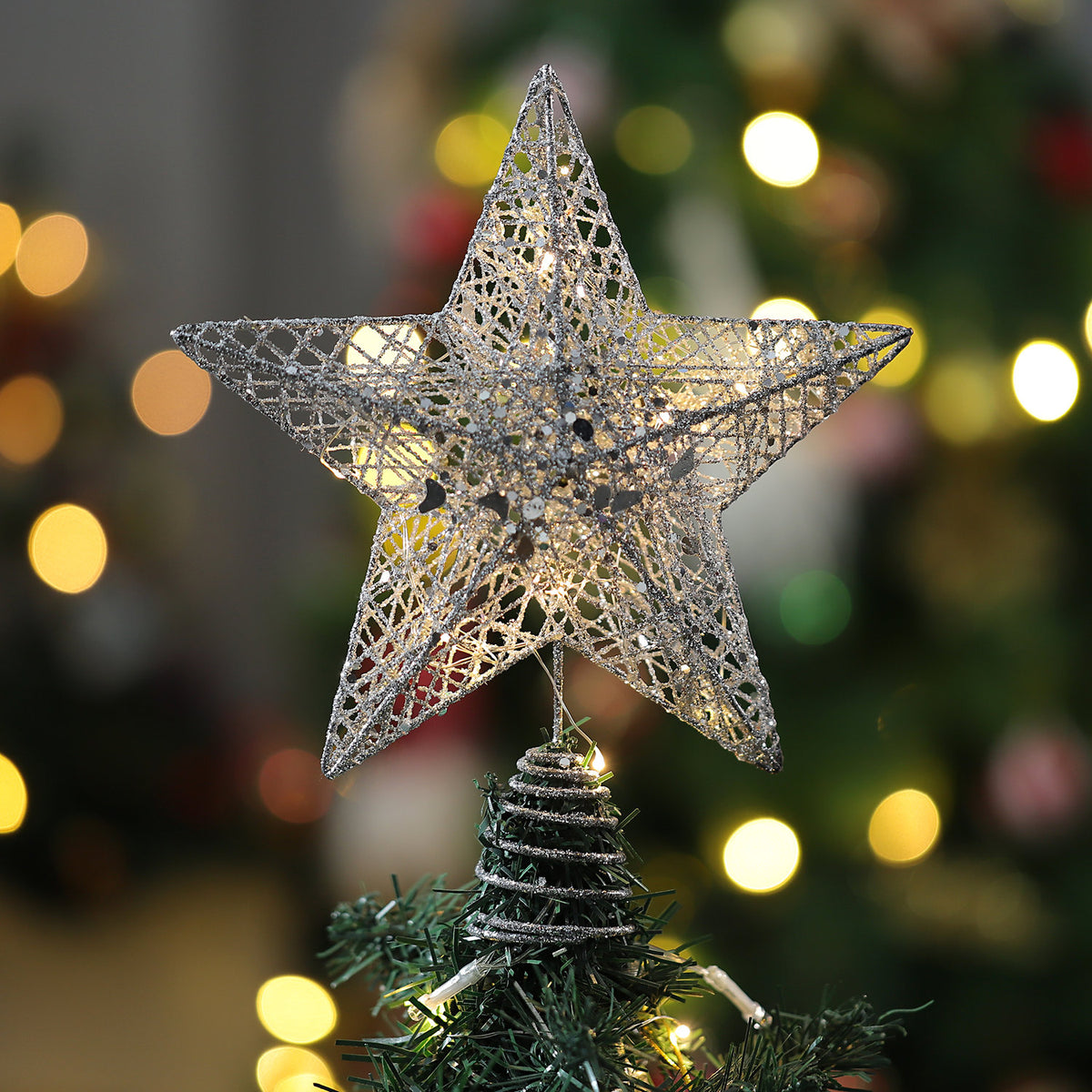 Sequin Silver Star Tree Topper with LED Lights 25cm