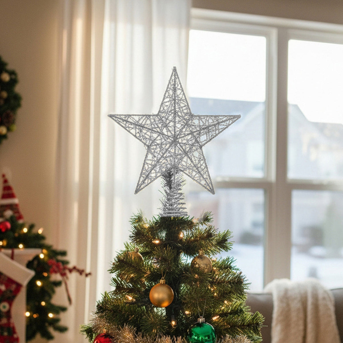 Sequin Silver Star Tree Topper with LED Lights 25cm